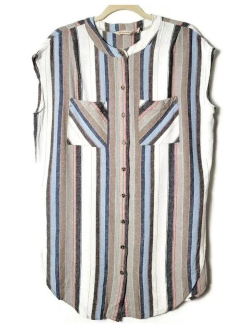 Soft Surroundings NWOT Linen Blend Taupe/Cream/Blue Striped Tunic, XLarge
